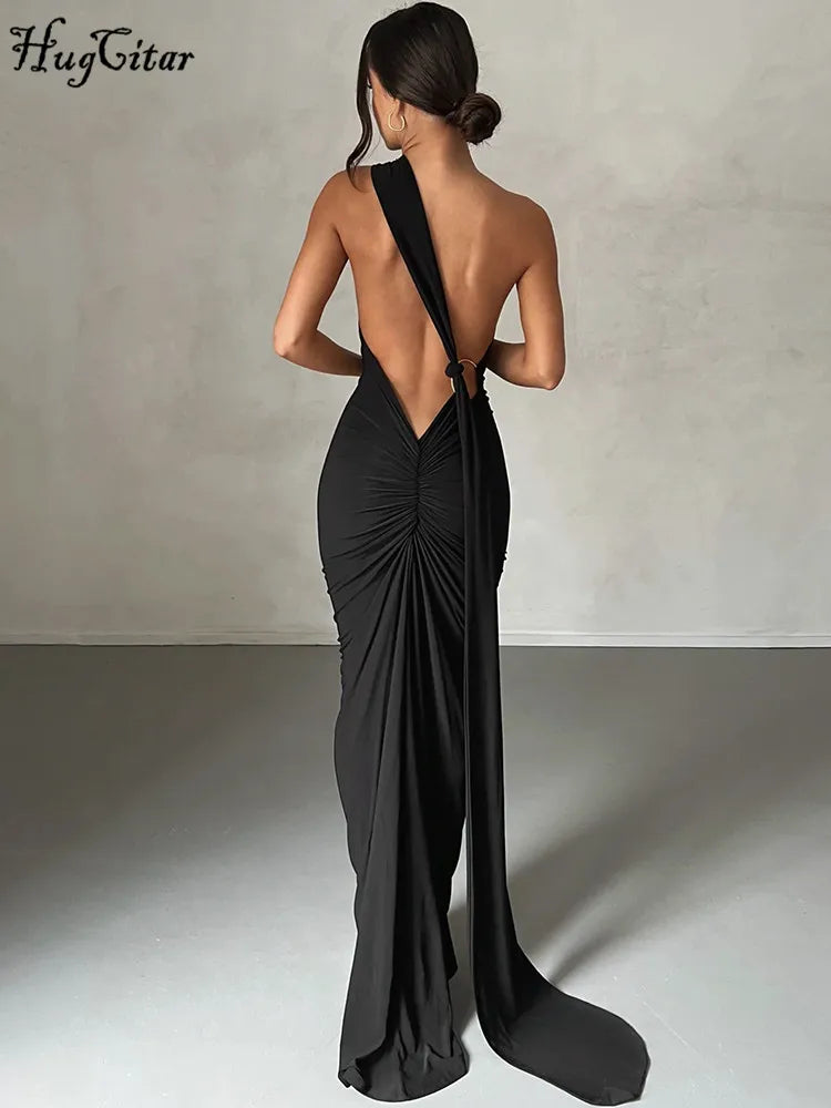 Lunéra Curve – One-Shoulder Backless Maxi Dress with a Sculpted Ruched Silhouette
