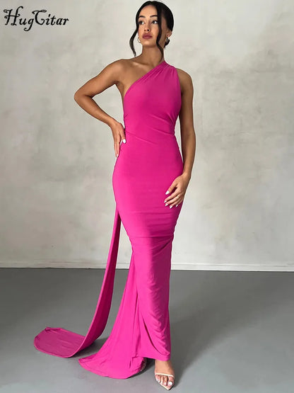 Lunéra Curve – One-Shoulder Backless Maxi Dress with a Sculpted Ruched Silhouette