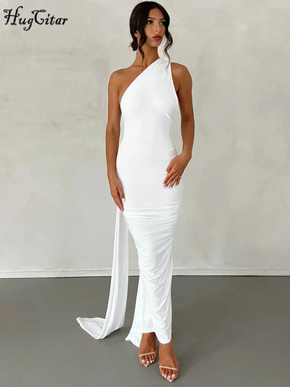Lunéra Curve – One-Shoulder Backless Maxi Dress with a Sculpted Ruched Silhouette