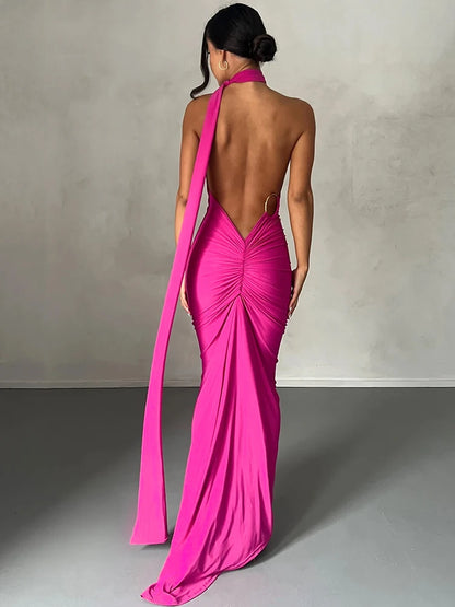 Lunéra Curve – One-Shoulder Backless Maxi Dress with a Sculpted Ruched Silhouette