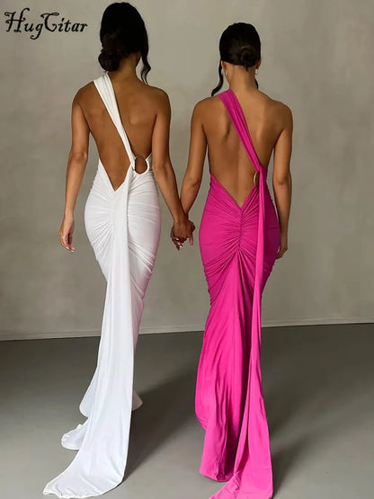 Lunéra Curve – One-Shoulder Backless Maxi Dress with a Sculpted Ruched Silhouette