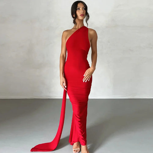Lunéra Curve – One-Shoulder Backless Maxi Dress with a Sculpted Ruched Silhouette