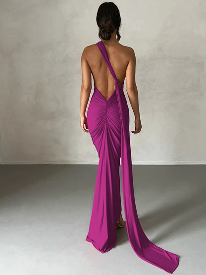 Lunéra Curve – One-Shoulder Backless Maxi Dress with a Sculpted Ruched Silhouette